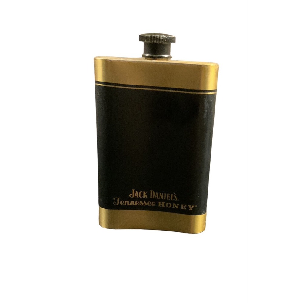 Jack Daniels Tennessee Honey Whiskey Small Curved 4 oz Pocket Flask Black & Gold